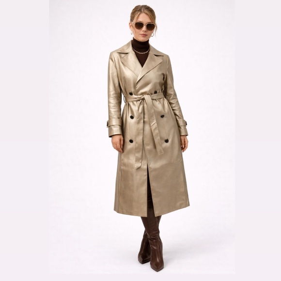 Brand New Peach Champagne Mettalic Leather Trench Coat in Sizes S|M|L|XL - Picture 5 of 7